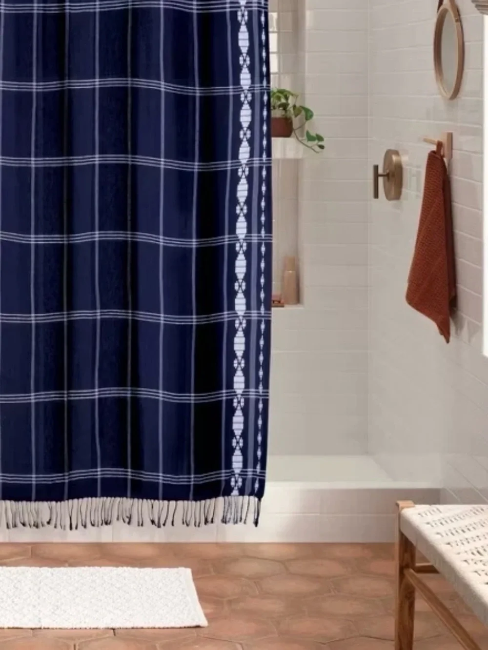Americana Diamond Border Shower Curtain Blue - Threshold NEW